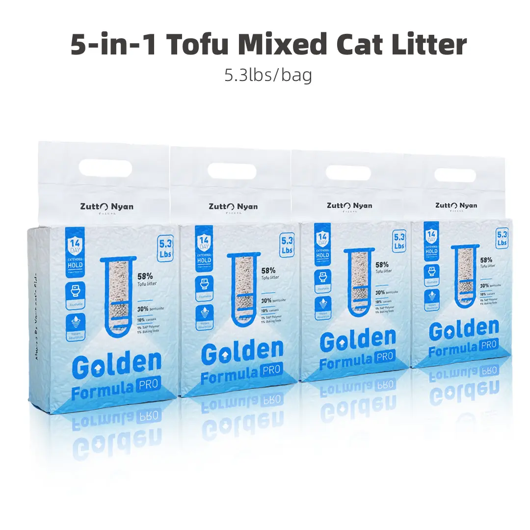 ZuttoNyan 5-in-1 Natural Clumping Mixed Blend Cat Litter (5.3 lbs/Bag) - Baking Soda Odor Control, Highly Absorbent, Fast Clumping, Dust-Free, Low Tracking, Flushable Litter, Non-Sticking, Universal, Tofu-Bentonite-Cassava Plant-Based, 24-Month Shelf Life