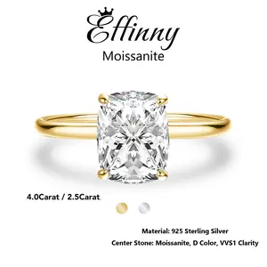 Effinny Synthetic Moissanite 4.0/2.5 Carat Elongated 14K Yellow Gold Plated Excellent Cushion Cut Solitaire Engagement Ring, 925 Sterling Silver Promise Ring No Tarnish, D Color VVS1 Jewelry for Women, Wedding