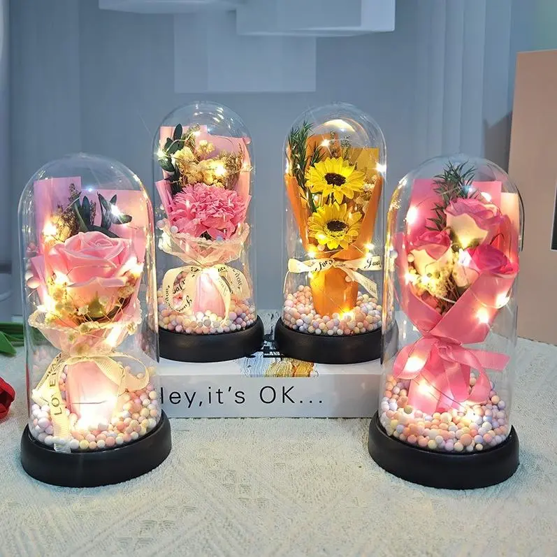 Lighted Acrylic Dome Preserved Flower Bouquet - LED Lights Decorative Arrangement with Roses, Carnations & Tulips, Indoor Recreation Centerpiece, Birthday/Ceremony Mom Gift for Home Ambiance, Room Decor