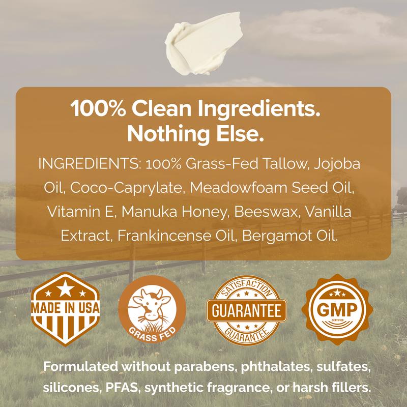 100% Grass-Fed Beef Tallow & Manuka Honey Balm, Natural Moisturizer Cream for Face & Body, Eczema Relief Cream, Moisturizer for Dry Skin, Pure Tallow Face Moisturizer for Sensitive Skin, 4oz