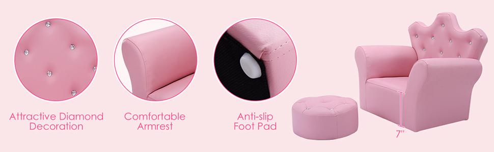 Costzon Kids Sofa, Children Princess Upholstered Couch Armrest Chair with Ottoman, PVC Leather & Embedded Crystal, Christmas Birthday Gifts