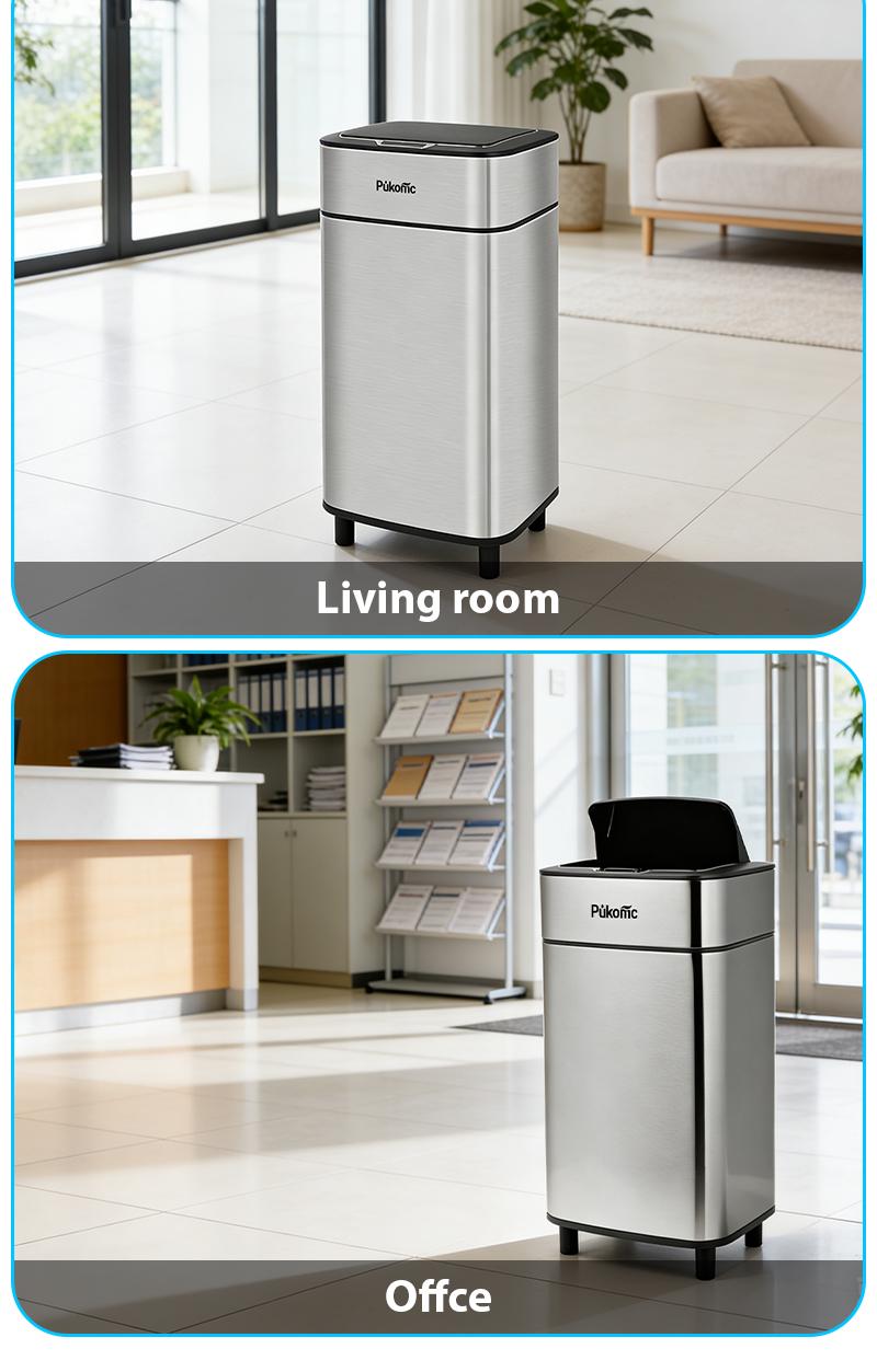 Pukomc Smart Sensing Touchless Trash Can 3.6Gal Motion Activated Auto Open Close Odor Sealed Bin with Digital Display Soft Close Lid Batteries Required
