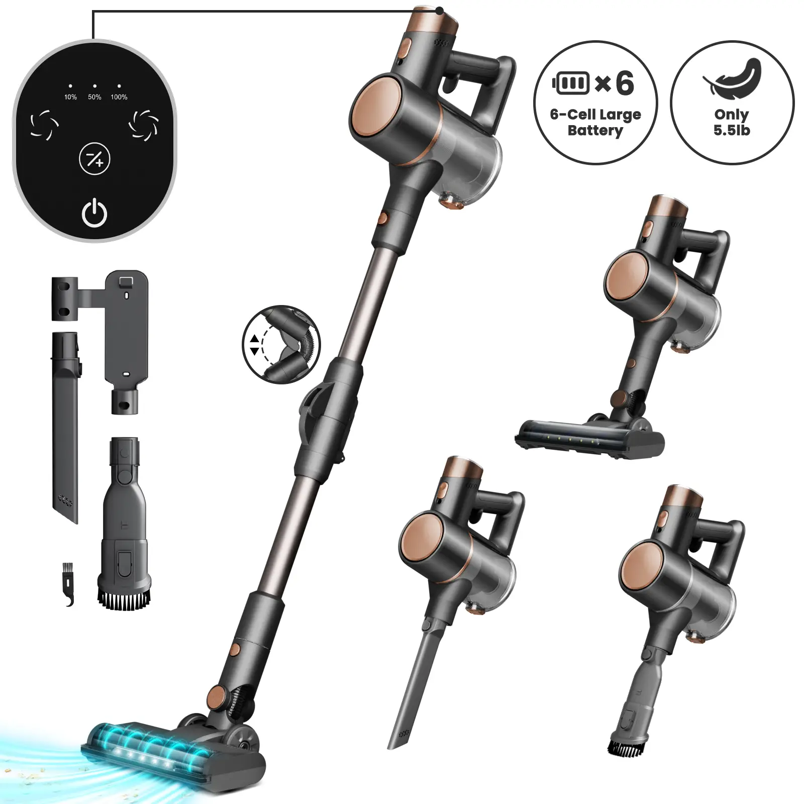 Kissair 2.7lb Lightweight Cordless Handheld Vacuum Cleaner – 90° Bendable Long Tube, 180° Rotatable Brush Head, 2-Speed Suction (15Kpa/29Kpa Max), 2200mAh Battery, 40Min Runtime, 8-in-1 Multi-Function for Pet Hair&Mite Removal, Suitable for Home&Car Use,