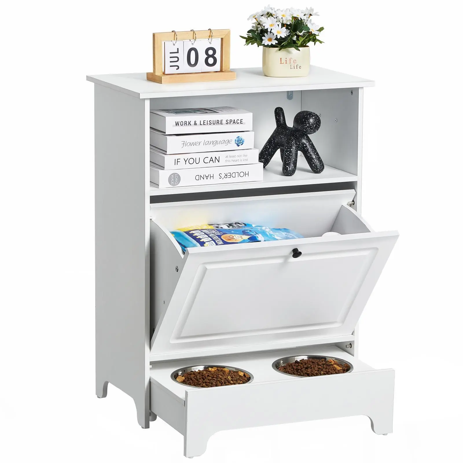 【SummerFinds】VEVOR Pet Feeding Station with 2 Stainless Steel Bowls,  , Elevated Dog Bowls with Storage, Dog Food Storage and Feeder Station with Tilt Out Storage Cabinet, Pet Toy Storage Organizer, for Small Dogs