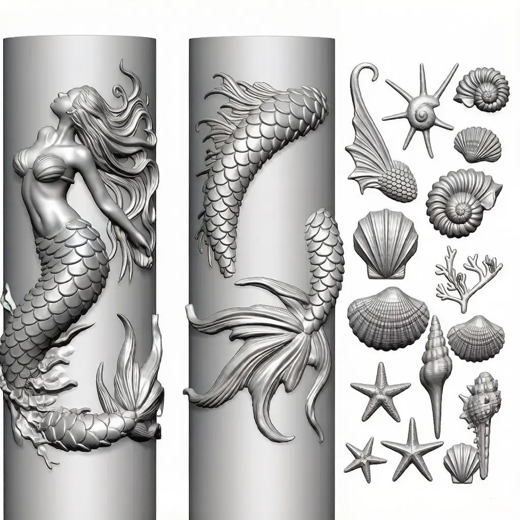 Mermaid & Ocean Elements Silicone Nail Art Mold 3D Embossed Mermaid Tail Seashell Starfish Coral UV Gel Polish Stamping Mold for DIY Nail Art Nail Art Tools Nail Supplies