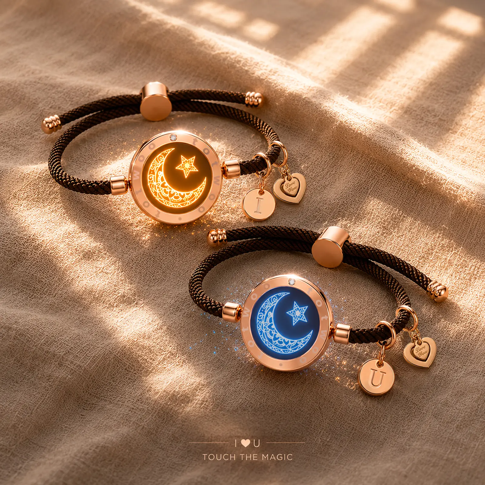 TOTWOO Long Distance Bond Touch Heart Bracelets for Couples, Matching Moon Bracelets with "I LOVE U" Charm, Smart Connection Jewelry, Anniversary & Birthday Gifts for Women & Men, Bond Touch Bracelets
