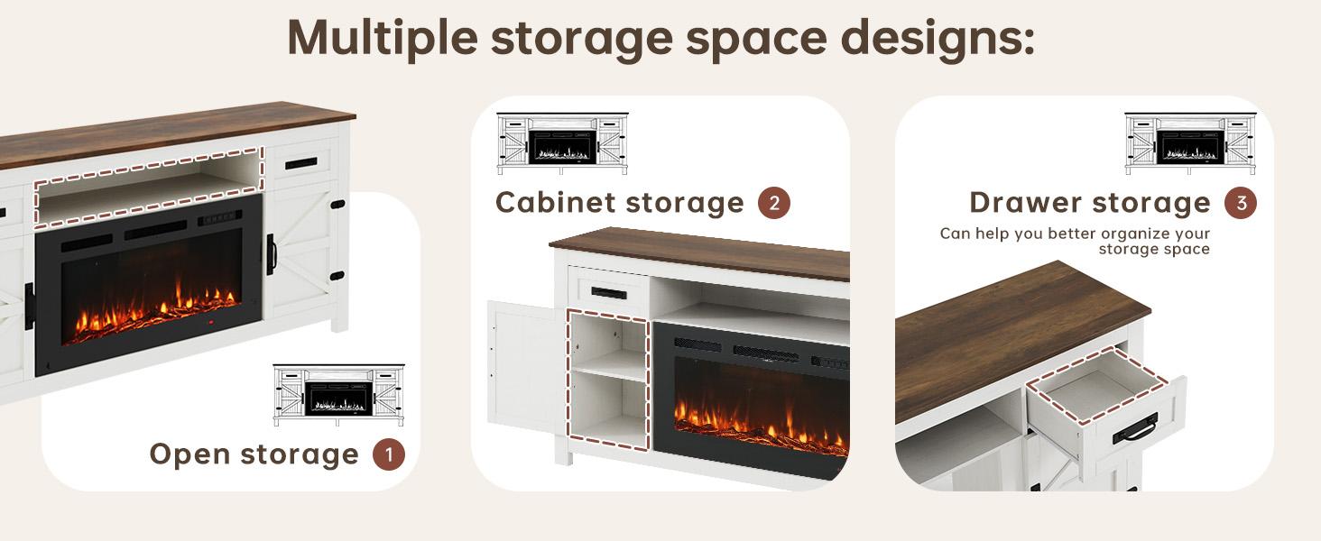 【2 Packages Shipping】Oneinmil Fireplace TV Stand with Barn Door for TVs up to 80", Farmhouse 70" Fireplace Entertainment Center with Storage Cabinets, White TV Stand and Black