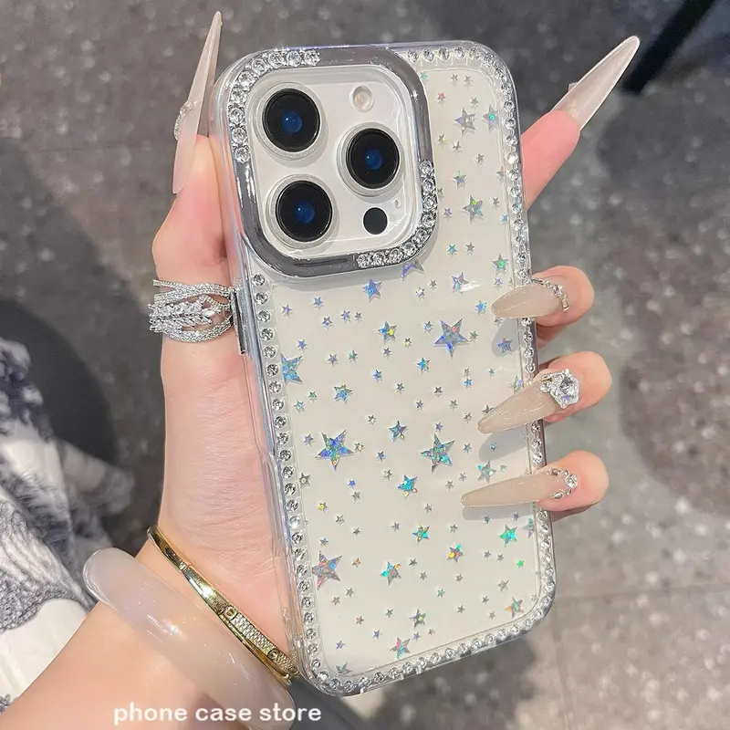 Luxury Glitter Star Rhinestone Diamond Case for iPhone 18 Pro Max 18 Pro 17 Pro Max 16 15 14 13 12 Pro Max Plus | Bling Gem Camera Lens Guard Clear Shockproof TPU PC Cover,Phone Case for iPhone 18 Pro Max