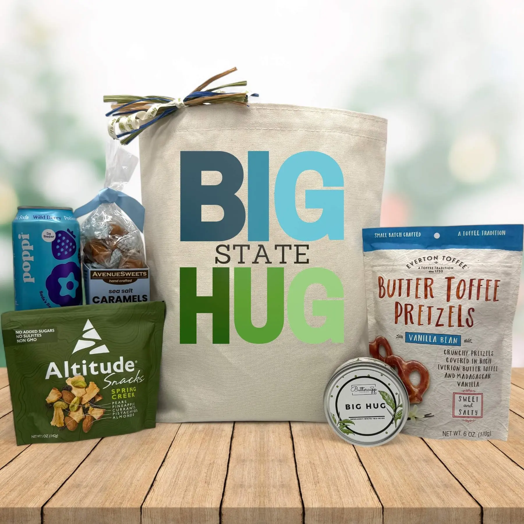 Itsonlynaturalgifts Custom Big State Hug Gift Basket - Personalized State Tote with Poppi Wild Berry Soda & AvenueSweets Caramels