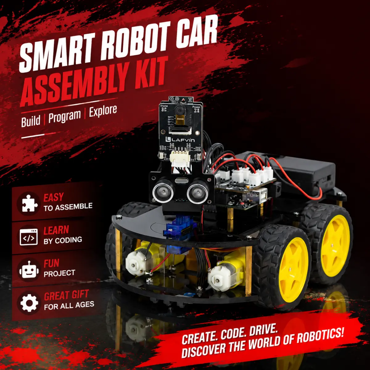 4-in-1 Smart Robot Car – Line Tracking + Obstacle Avoidance + Auto-Follow + FPV Mode, Arduino DIY Robotics Kit with Ultrasonic Sensor & IR Remote for Teens/Adults