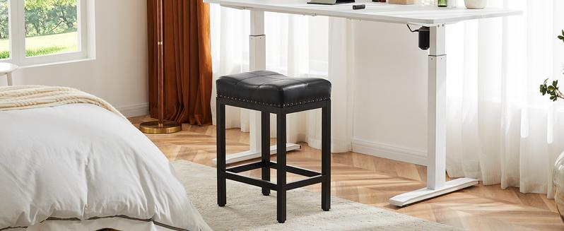 Furnest Set of 2 Bar Stools, 24 Inch Counter Height Saddle Stools, Modern Kitchen Barstools with Metal Base & PU Leather