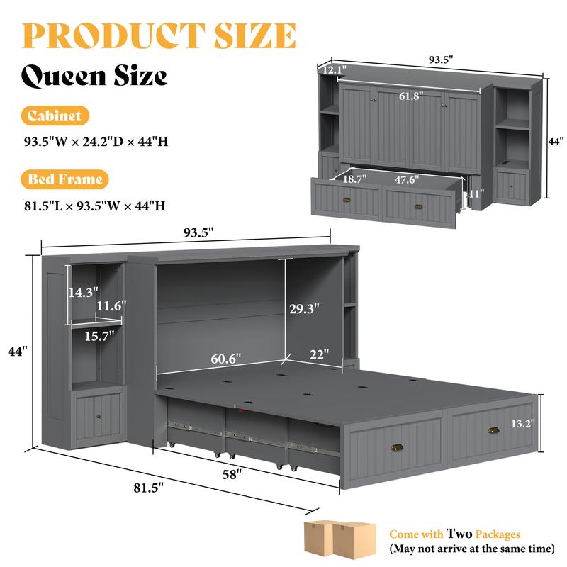 [Ships in 2 Boxes] AMERLIFE Murphy Bed with Bedside Tables, Foldable Cabinet with 3 Storage Drawers & Charging Station, Farmhouse Hideaway Bed for Bedroom/Office/Guest Room