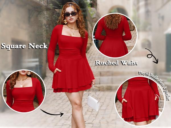 OYS Women's Square Neck Ruffle Hem Mini Dress Ruched Waist Long Sleeve Corset Short Party Dresses With Pockets