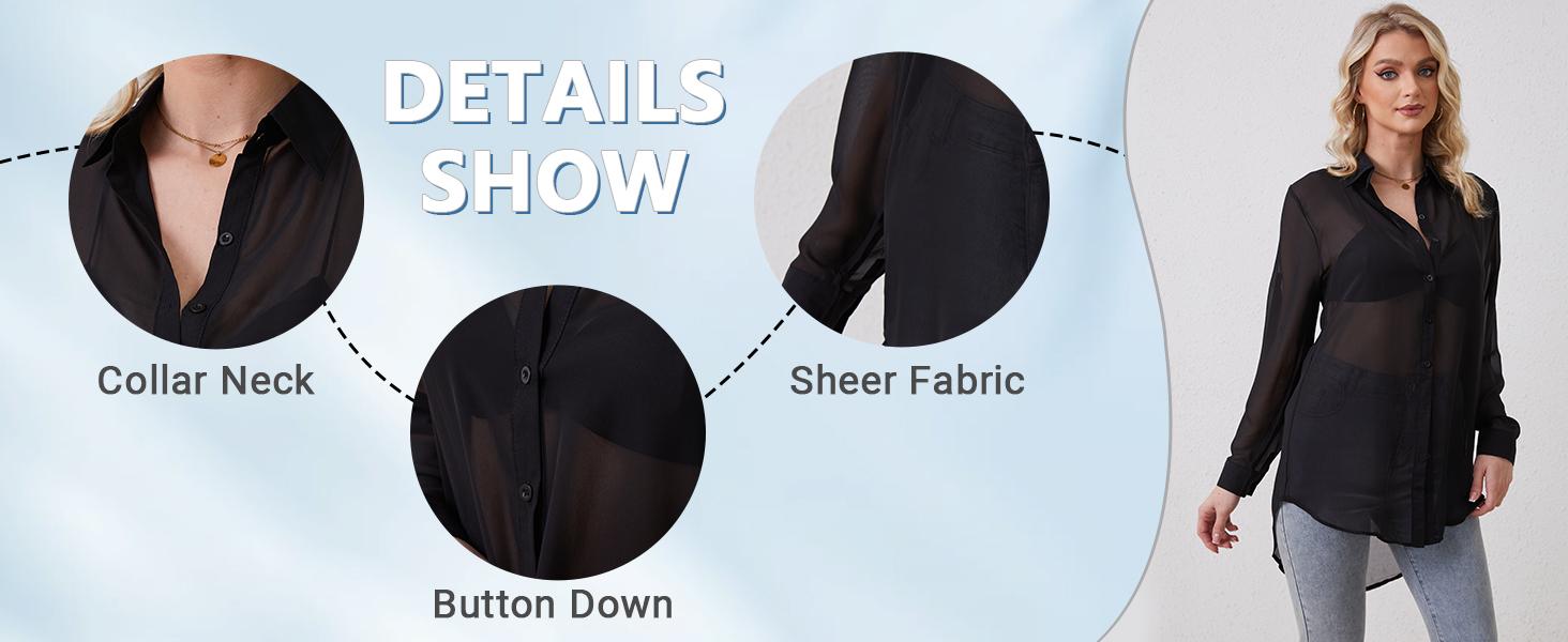 Sheer Tops for Women Sheer Button Up Blouse Long Sleeve Sexy See Through Tops Mesh Shirts