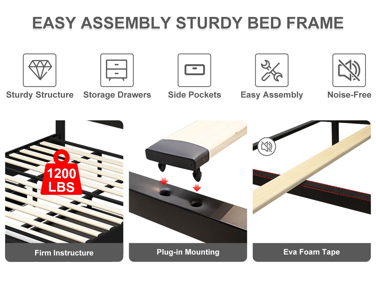 Queen LED Bed Frame with 2 Storage Drawers, Upholstered Platform Bed with Crystal Button Tufted Headboard, Noise-Free, No Box Spring Needed – PU & Velvet, Black/Gray/White/Cream