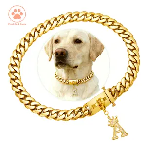 15MM 18K Gold Plated Cuban Link Dog Collar, Solid Stainless Steel Heavy Duty Chain with Custom A–Z 5A Zircon Letter Pendant, Sizes 10–24 Inch, Chew-Proof Luxury Dog Necklace Durable Stainless Steel, Gift for Dog Lovers
