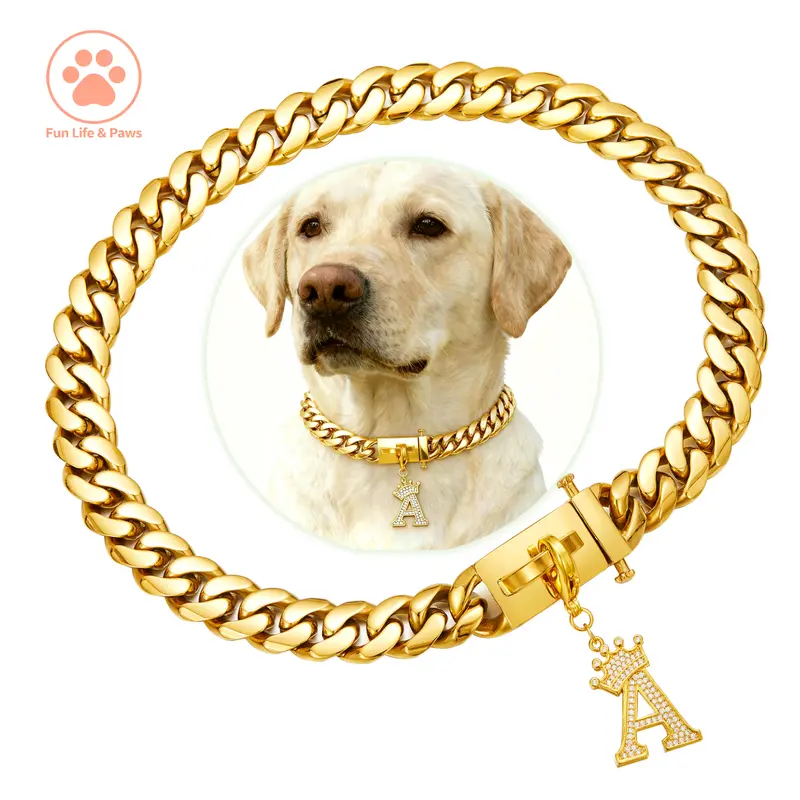 15MM 18K Gold Plated Cuban Link Dog Collar - Sweatresistant Solid Stainless Steel Heavy Duty Chain with Custom A-Z 5A Zircon Letter Pendant, 10-24 Inch Sizes, Chew-Proof Luxury Necklace, Gift for Dog Lovers