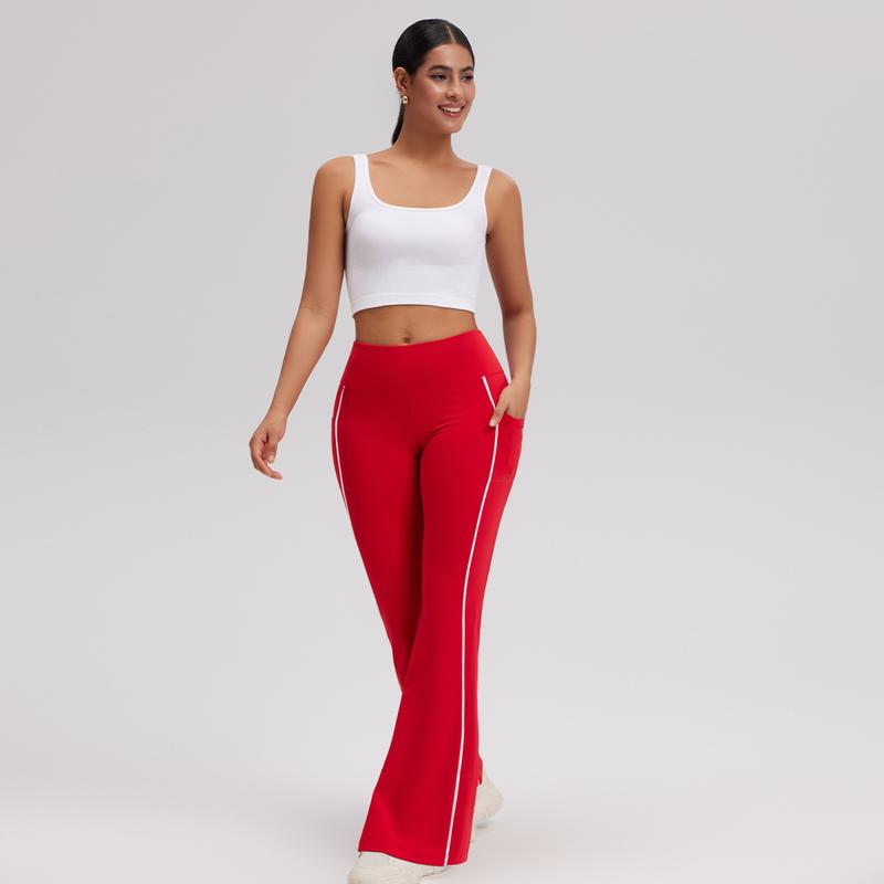 OQQ Women's High Waist Flare Yoga Pants With Pockets – Workout Trousers With Side Stripe Gym Sport Workout Pants Trousers
