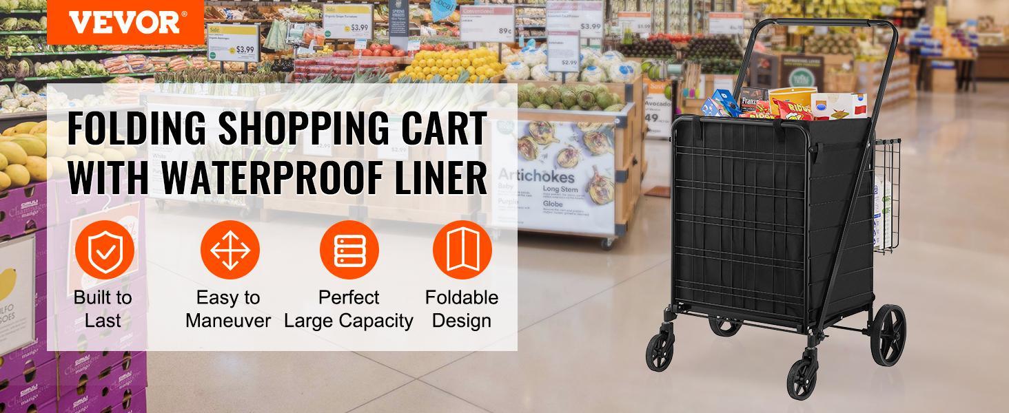 VEVOR Folding Shopping Cart with Removable Waterproof Liner, Max 330LBS Large Capacity Jumbo Grocery Cart with Dual Basket, 360° Swivel Wheels, Dense Metal Mesh Base, Heavy Duty Utility Cart VEVOR Folding Shopping Cart with Removable Waterproof Liner, Max 330LBS Large Capacity Jumbo Grocery Cart with Dual Basket, 360° Swivel Wheels, Dense Metal Mesh Base, Heavy Duty Utility Cart