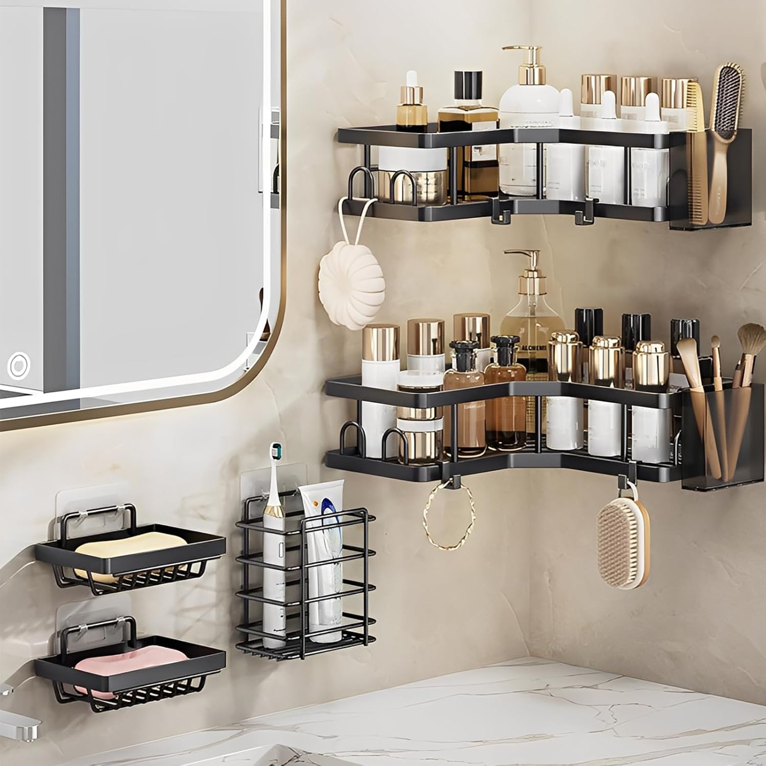 5-Pack Heavy-Duty Triangular Corner Shower Organizer Set, No-Drill Food-Grade Stainless Steel Bathroom Shelves with Hooks, 40LBS Wall-Mounted Soap Toothpaste Holder, Waterproof Rustproof Space-Saving for Bathroom, Kitchen 5-Pack Heavy-Duty Triangular Corner Shower Organizer Set, No-Drill Food-Grade Stainless Steel Bathroom Shelves with Hooks, 40LBS Wall-Mounted Soap Toothpaste Holder, Waterproof Rustproof Space-Saving for Bathroom, Kitchen