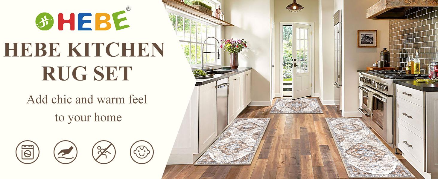 [SpringGlowUp] HEBE Washable Farmhouse Kitchen Rugs Sets of 3 Non Slip Kitchen Rugs and Mats Boho Kitchen Mats for Floor Kitchen Runner Rug Kitchen Carpet Rug Runner for Hallways Kitchen Laundry