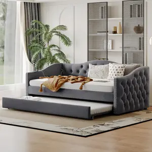 Gray Modern Twin Size Velvet Fabric Divan Daybed with Waved Arms, Pull Out Trundle, USB Charging Design, Sturdy Wood Slat Support, Wood Bed Frame for Bedroom, Guestroom