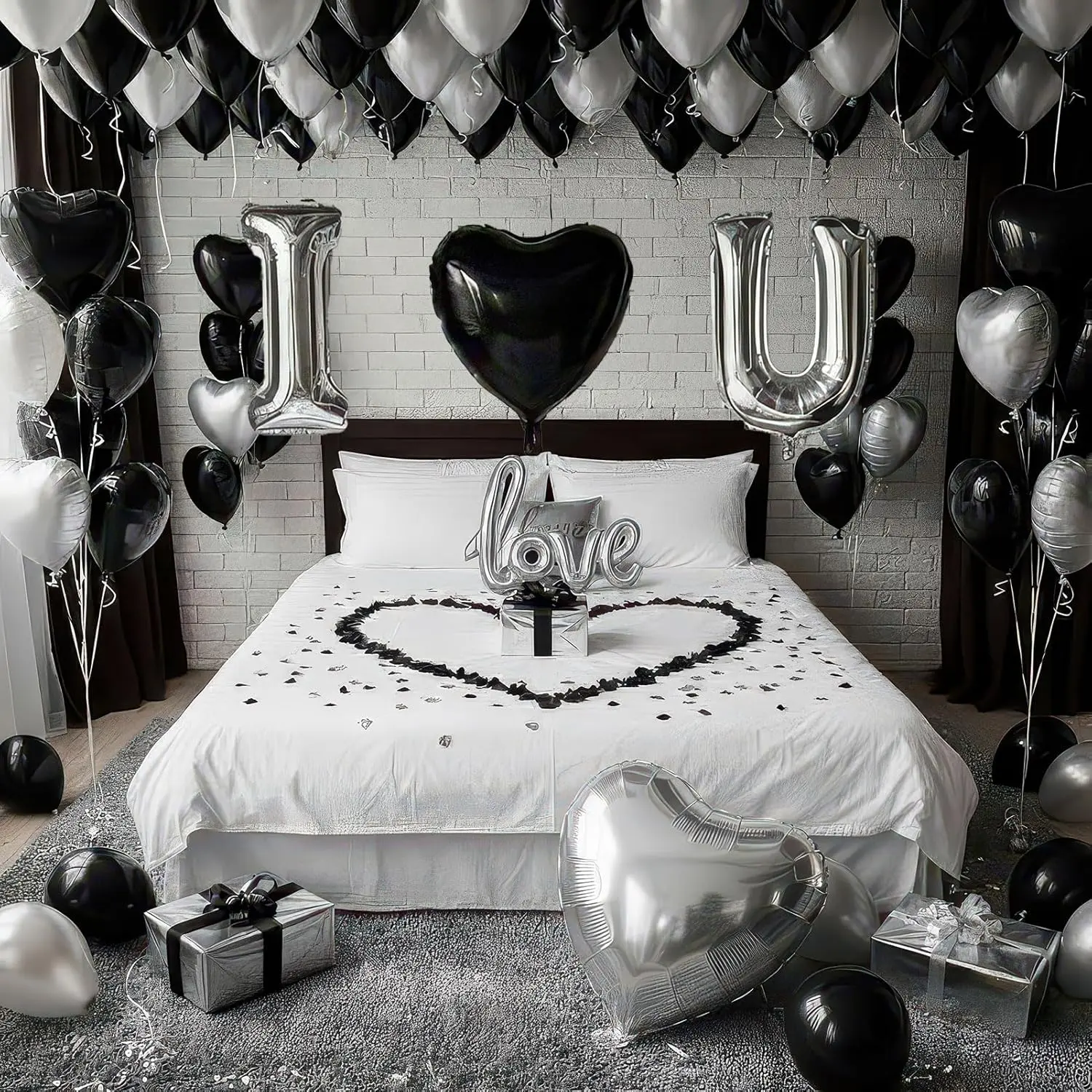 I Love You Balloons for Him/Her Balloons Black and silver romantic balloon kit with heart LOVE mylar balloons Black rose petals for hotel Dec orations Valentines Party wedding anniversary supplies