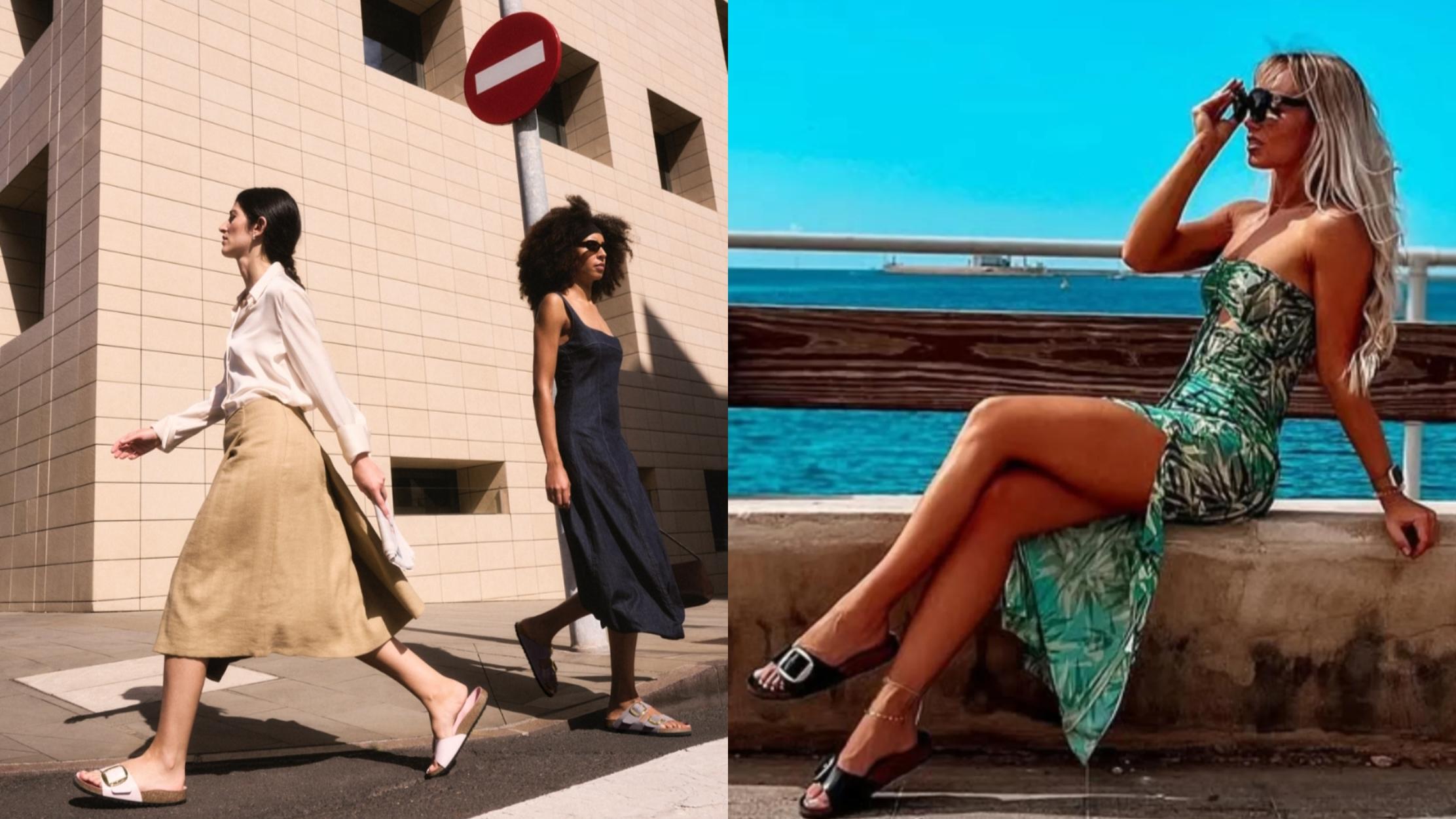 EVELLYHOOTD Women Soft Genuine Suede Insole Cork Footbed One-Strap Big Buckle Clogs Women Sandals with Arch Support Comfort Buckle Design Flat Slippers for Summer