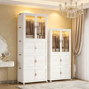 Space-Saving Foldable Closet Storage Cabinet – Stackable Plastic Organizer with Doors & Wheels for Wardrobe, Bedroom & Apartment