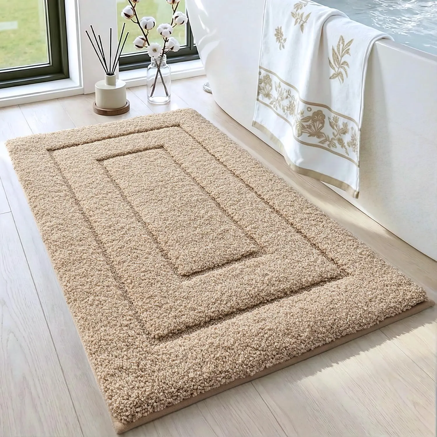 DEXI Bathroom Rug (24x16in), Non-Slip Machine Washable Bath Mat with Rubber Backing, Absorbent Soft Quick-Dry Microfiber Shaggy Indoor Shower Floor Rug, Beige, Machine Washable Rugs,back to school,dorm essentials,home decor,home essentials