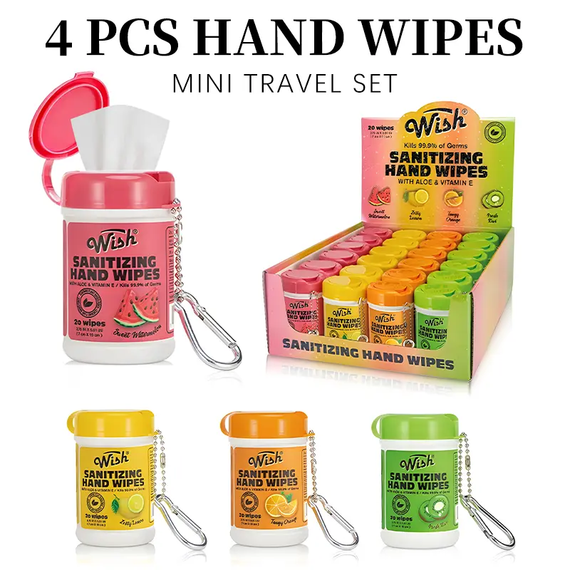 4 Pack-80ct,Wish Hand Wipes Canisters Travel Size,Mini Hand Wipes,With Kiwi, Orange, Watermelon, Lemon Scents,For Travel, Outdoor Picnics, Kitchen, Bathroom, Household Cleaning Supplies, Dish Towels, Stove Cleaning Cloths