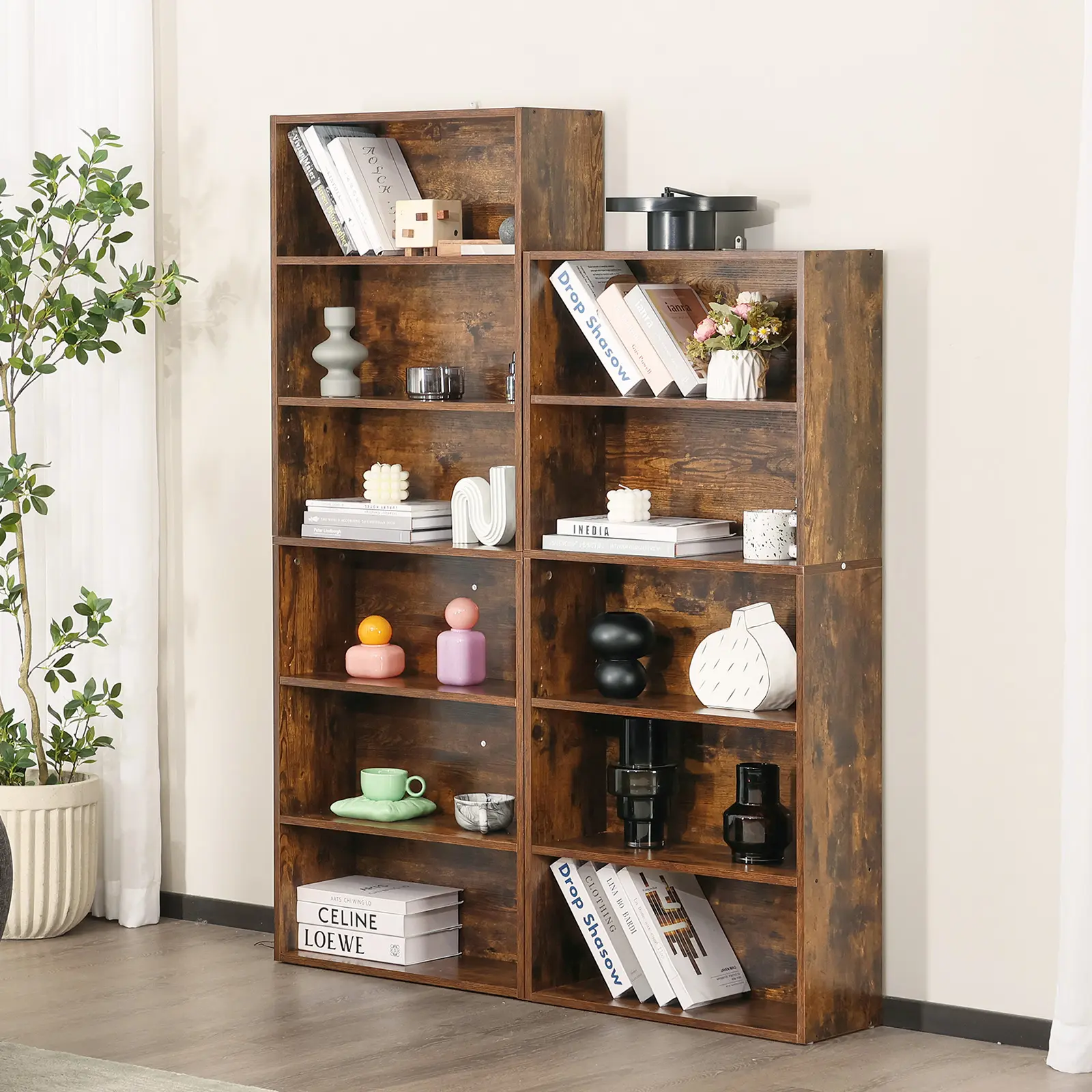 Sweetcrispy Wood S-Shelf Bookshelf - Stable Large-Size Multi-Layer Floor-Standing Open Shelves with Antitip Bracket, Wall Anchor Prevents Tip, Vertical Shelving Living Room Furniture, Reinforcement, Assembly-Required for Home Office, Home Library