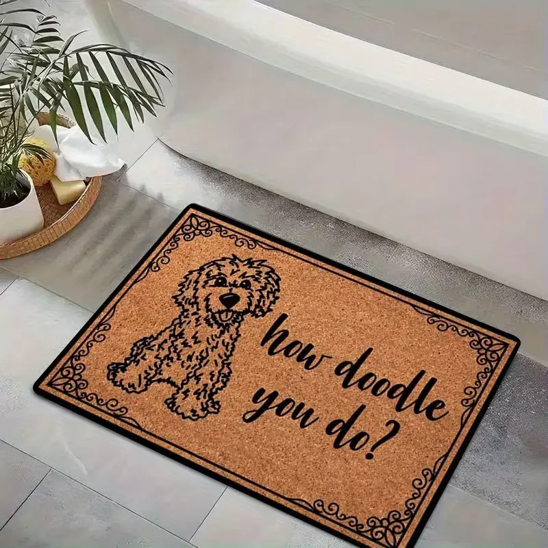 summerwins 1pc "How Doodle You Do?" PVC Rubber Non-Slip Doormat - Absorbent, Washable, Decorative, Wrinkle Resistant, Durable, Fade Resistant Animals Themed Funny Doormat with Playful Poodle Design for Indoor Entryway, Front Door Use