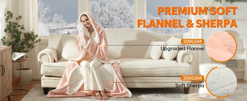 【Black Friday】DOWNCOOL Wearable Electric Heated Blanket with Sleeves & Hood & Foot Pockets Flannel Sherpa Blanket for Adults Heated Blanket with 1-12 Hours Auto-off & 10 Heat Settings 50x70 Inch electric heating for Bedroom Home