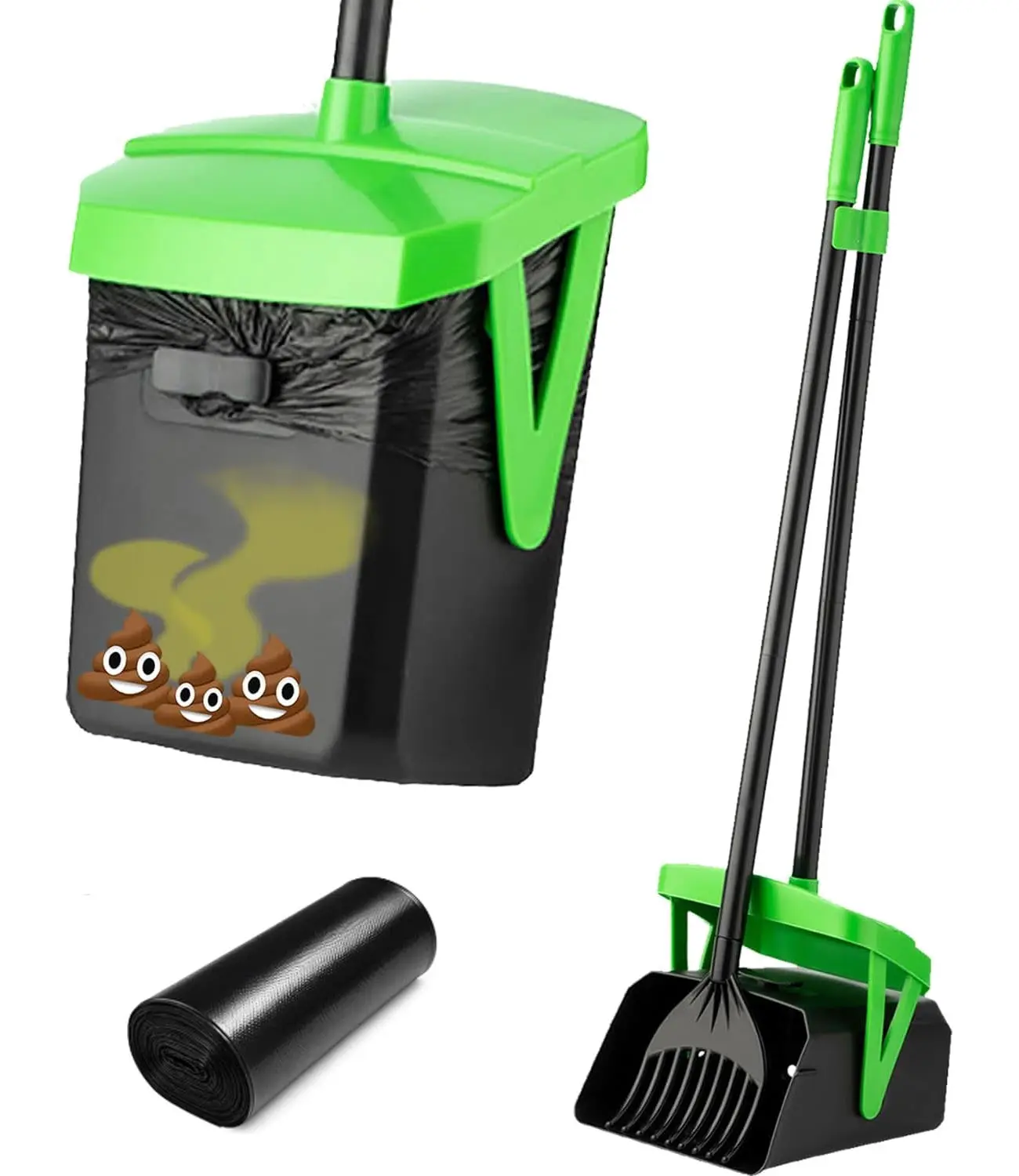 Dog Pooper Scooper, Swivel Bin & Rake Set with 1 roll of Waste Bags | Bag Attachment & Lid for Hands-Free Waste Cleanup on Lawn, Yard & Kennel. Designed for Small, Medium & Large Dogs