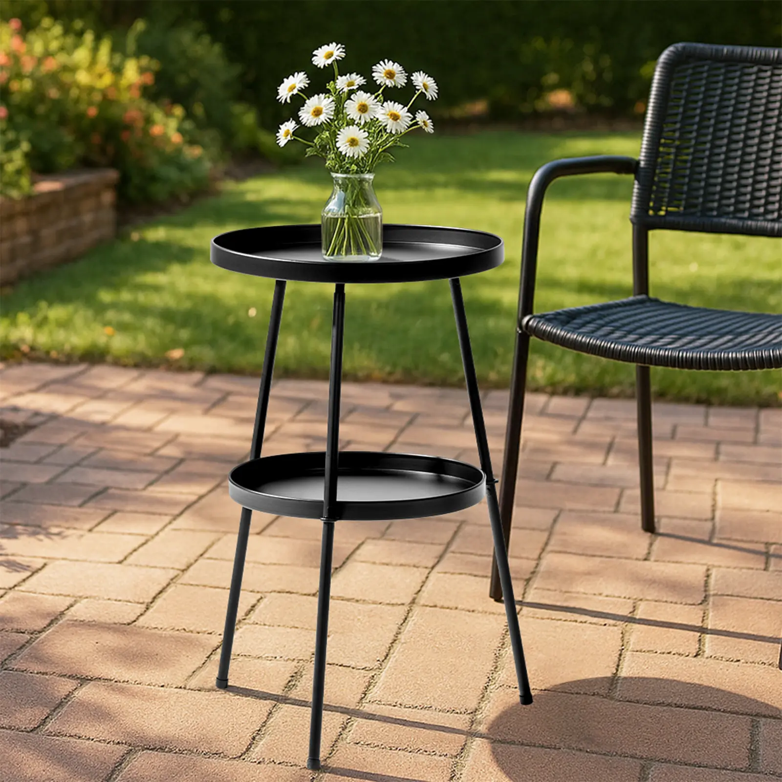 2-Tier Black Metal Round Patio Side Table - Compact Indoor Outdoor End Table for Small Spaces, Outdoor Garden Table, Exterior-Facing Tables