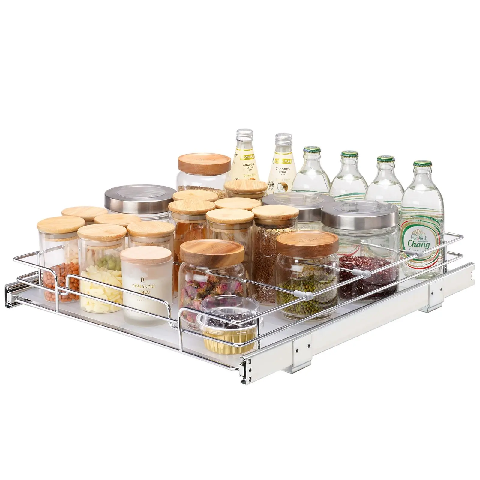 Pull-Out Kitchen Cabinet Organizer Rack (14x21 in) - 1-Layer Smooth Chrome Steel Storage Drawer, Heavy-Duty Anti-Rust Slide Basket with Detachable Tray for Kitchen Organization, Pantry & Under Sink Storage