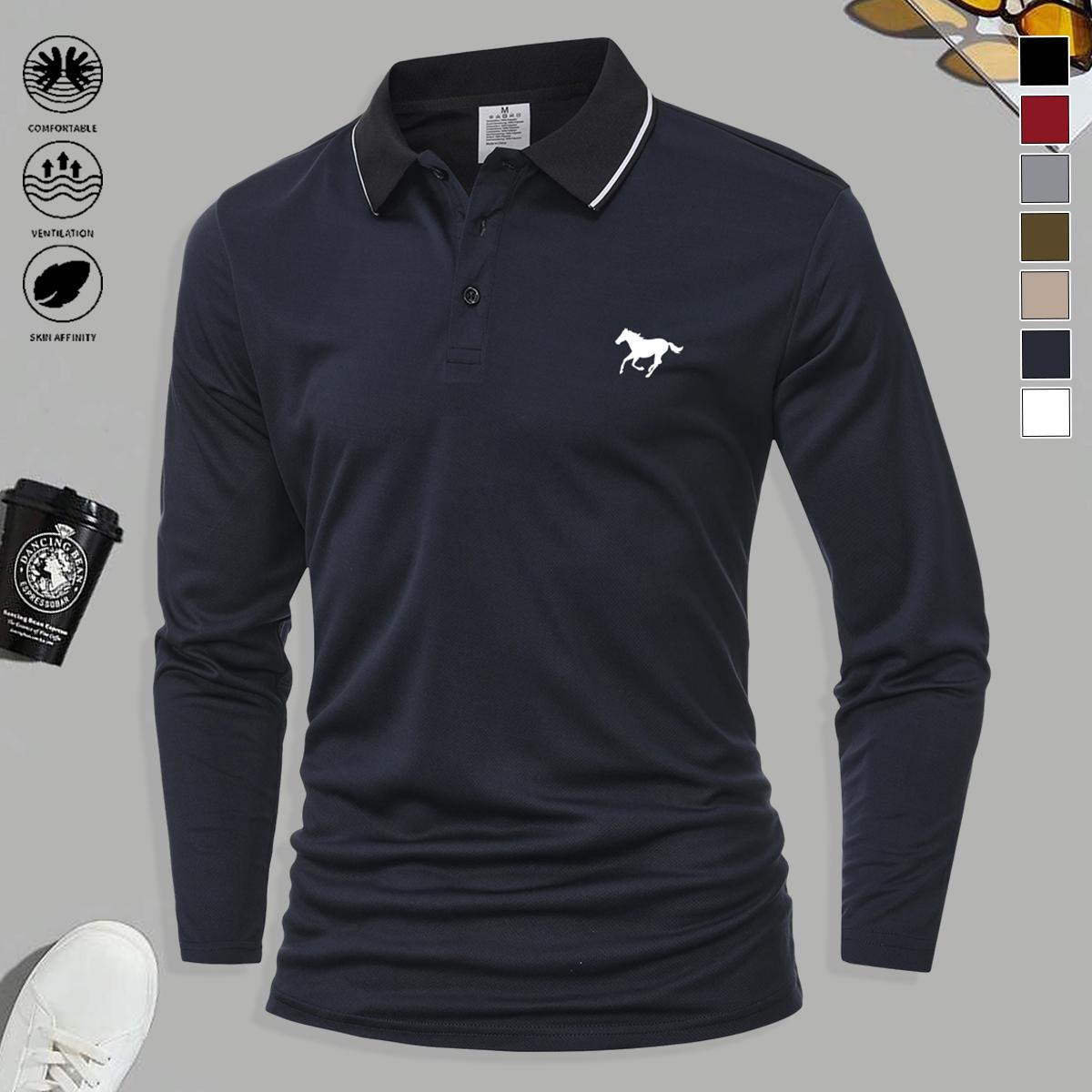5PCS Men’s Polo Collar Long Sleeve Top, stylish, simple, multifunctional, fashionable print design, available in multiple colors, sporty casual, soft and comfortable