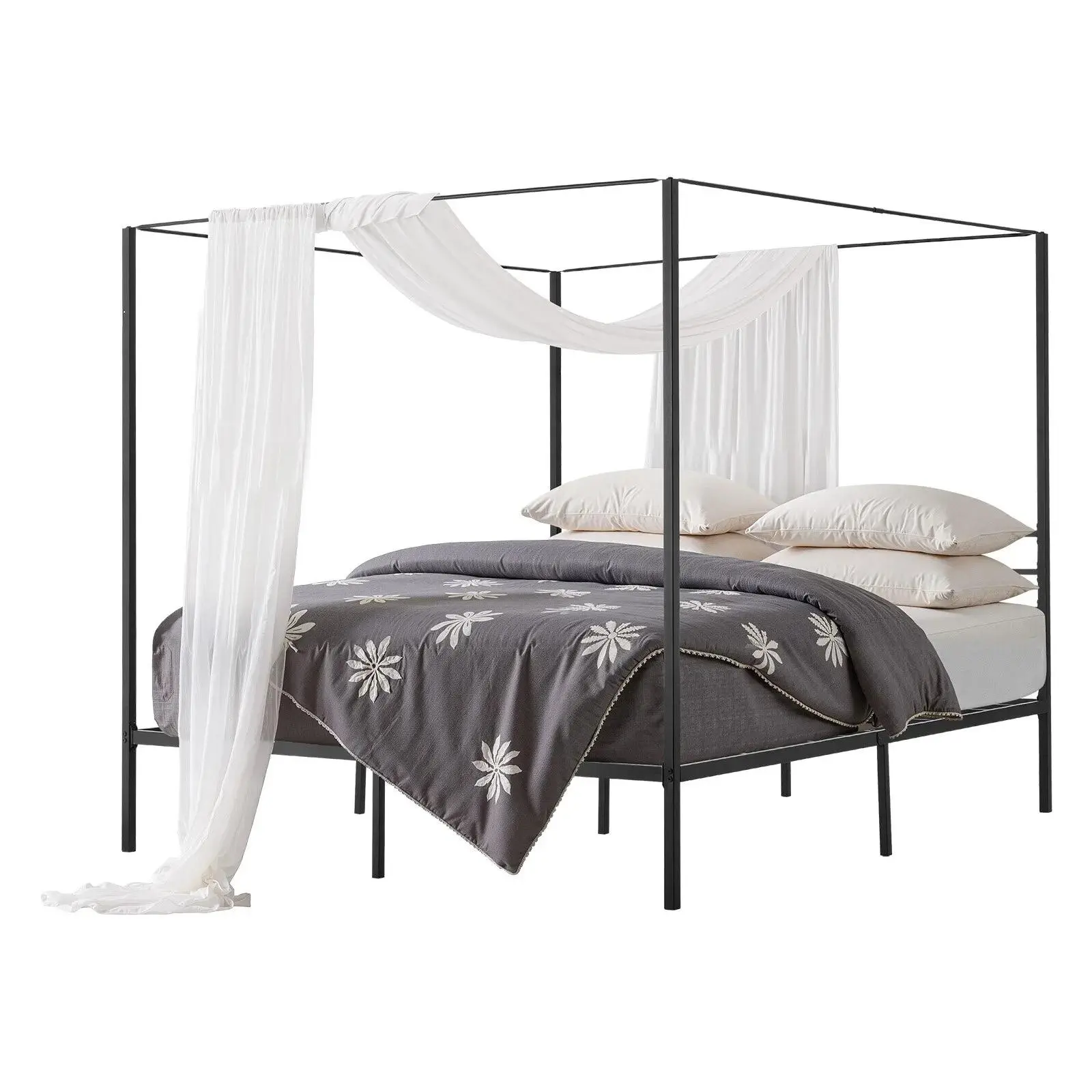 【summerfinds】VEVOR King Size Canopy Bed Frame, Metal Canopy Bed with Four Posters Design, Heavy Duty Steel Slats Support, Underbed Storage Space, No Box Spring Needed, Easy Assembly, Black