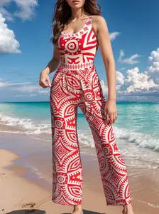Red and White Printed Monokini with Pant 2-Piece Swimsuit for Beach Vacations and Resort Wear Tropical Print Split Solid Color Gingham High Waist Short Metal Decor Bohemian Floral Silk Bikini Set Flower Tankini