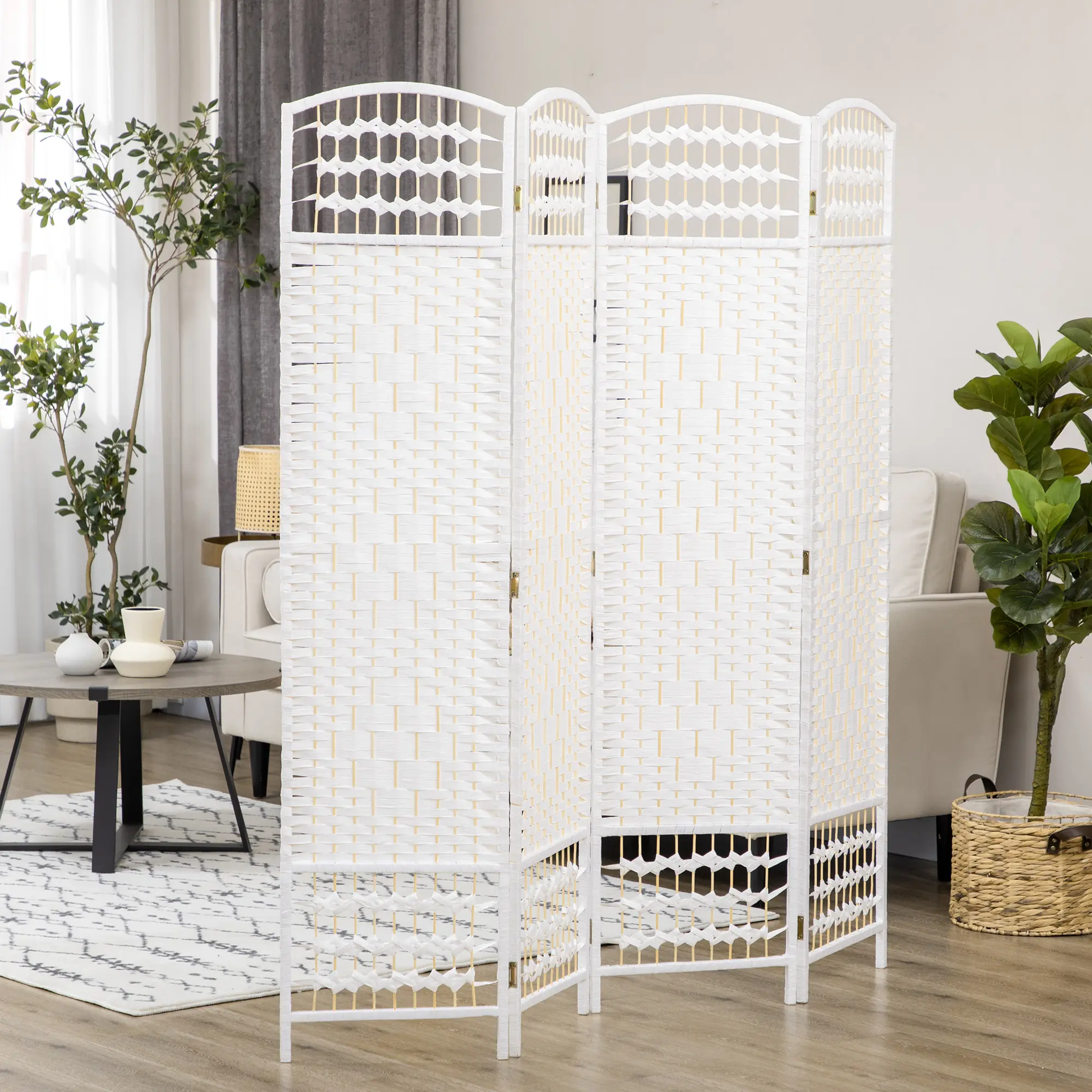 4-Panel Portable Folding Room Divider - Wave Fiber Privacy Screen, White Indoor Partition Furniture for Home Office, Bedroom