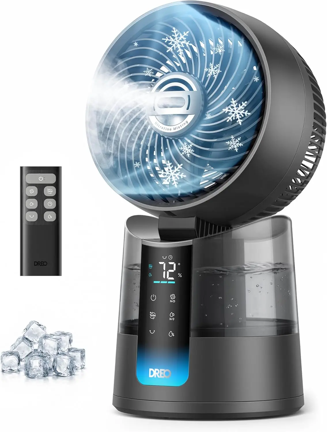 DREO TurboCool Misting Fan 516, 5℉ Drop Cooling Fans that Blow Cold Air | 150°+30° Omni-directional Oscillating, Evaporative air cooler, 26 ft/s Wind, Ultrafine Mist, 20dB, 6 Speeds 2 Modes, Black