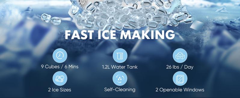 Ice Maker, Portable Ice Machine Self-Cleaning, 9 Cubes in 6 Mins, 26 lbs/24Hrs, 2 Sizes of Bullet Ice for Home Party Office Kitchen Utensils
