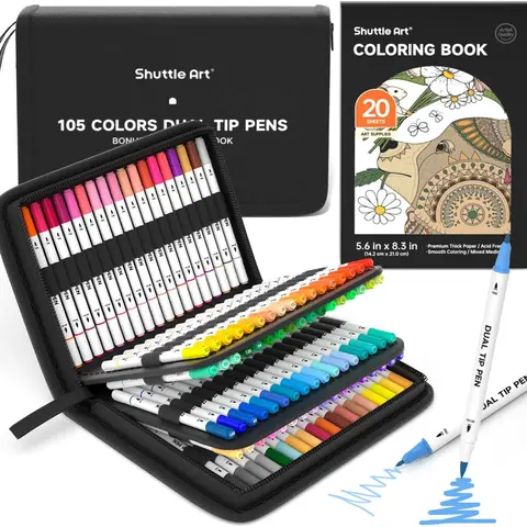 Shuttle Art Dual-Tip Brush Marker Pens Art Supplies Kit - 25/70/105 Colors Fine & Brush Tip Drawing Pens, Water-Based, with 1 Book, Cardboard Box/Portable Case for Artists (Calligraphy)