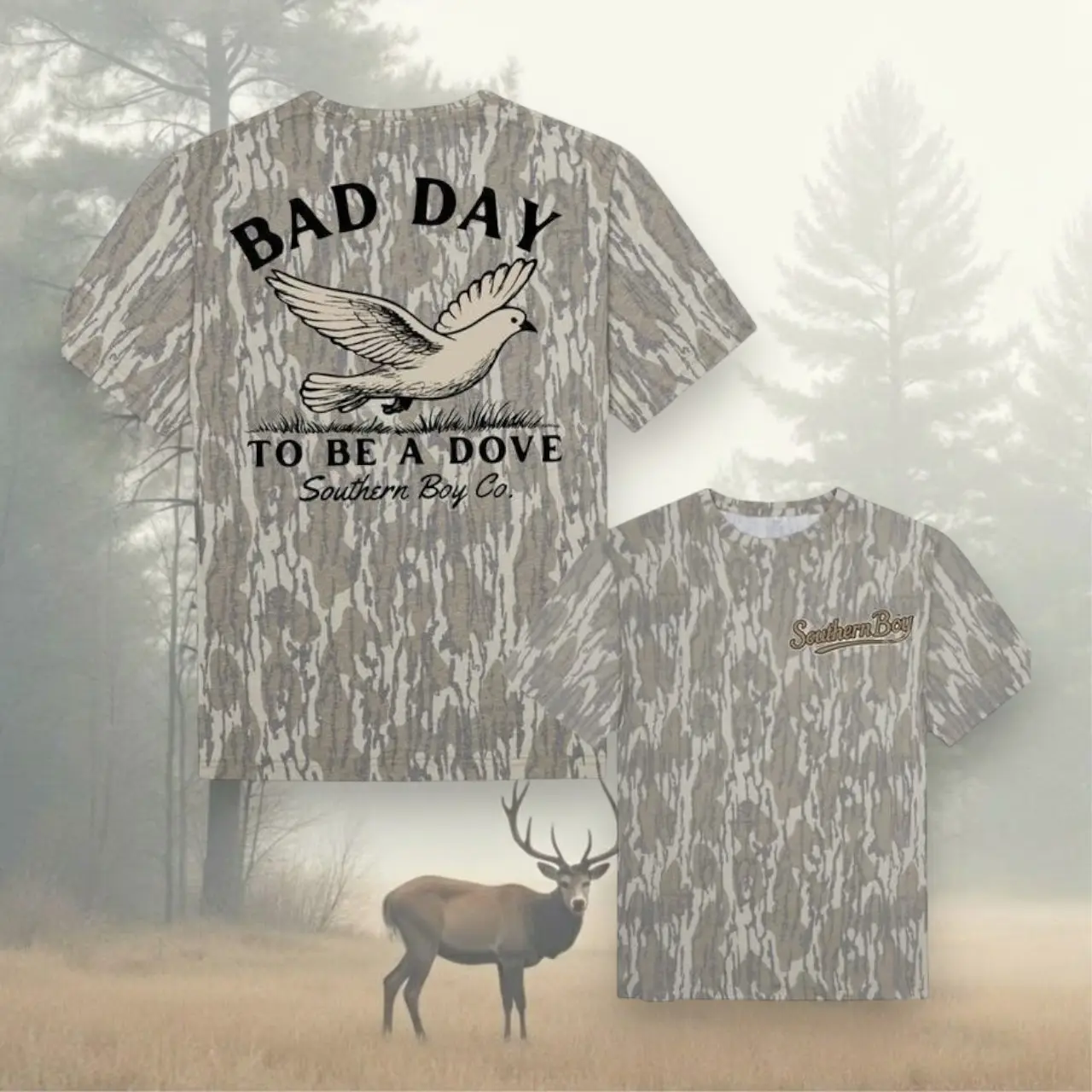 Bad Day To Be A Dove Mossy Oak Bottomland Camo T-Shirt, Dove Hunting Graphic Tee, Front & Back Print, Short Sleeve Camouflage Shirt, Outdoor Hunting Apparel