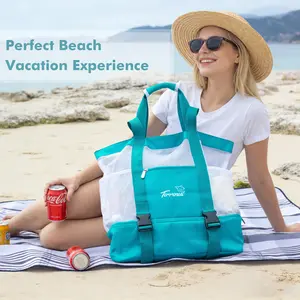 Tirrinia Mesh Beach Bag with Cooler Compartment, Extra Large Totes for Beach  Travel, Functional Fashion Beach Bag for Women
