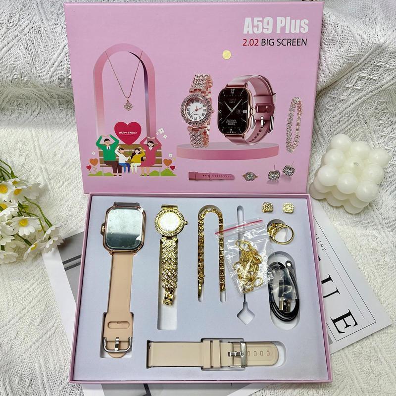 Fashion Gift A58 Plus Women's Luxury 8-In-1 Watch, 2 Bands Ring Earrings, Touchscreen Wearable Android Button Charging Chip Custom LCD Tracker