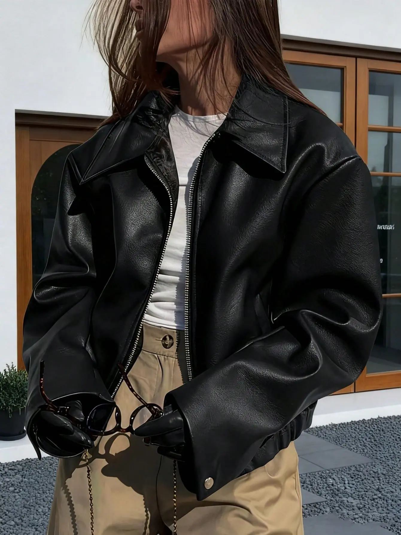 SNOBBISH Women Lapel Collar Oversized Long Sleeve Leather Jacket Streetwear Style Edgy Fashion Fall Winter Outerwear