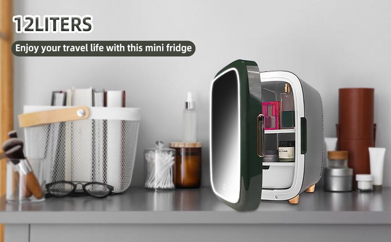 iceBLUE 12L/15 Cans Skincare Mini Fridge with 3-Mode Dimmable LED Light Mirror Low Noise Portable Design for Drinks Makeup Dorm Cooler & Warmer Black skincare mini  brands  fridge Beauty Refrigerator minifridge hack