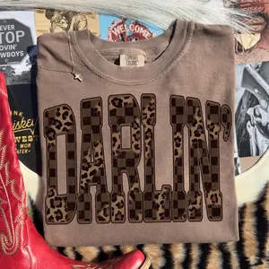 Comfort Colors Retro Western Checkered Leopard T-Shirt, Darlin Country Distressed Cowboy Quote, Western Concert Tee, Southern Tshirt